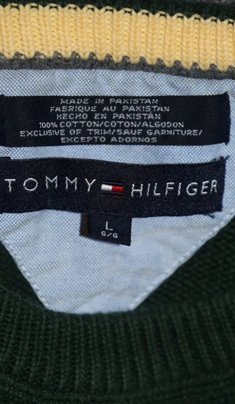 Vintage Tommy Hilfiger Forest Green Striped, Cotton Crewneck Sweater.